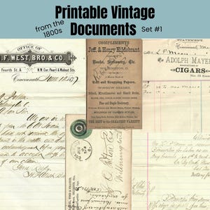 Puede incluir: Una colección de documentos vintage imprimibles de la década de 1800. La imagen presenta varios papeles envejecidos, incluyendo facturas, recibos y tarjetas de visita. Los documentos tienen texto manuscrito y elementos decorativos, con el texto "Printable Vintage Documents Set #1".