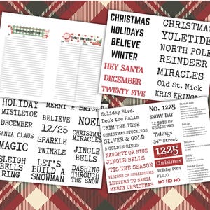 Puede incluir: Una colecci&oacute;n de papeles con tem&aacute;tica navide&ntilde;a, con palabras como "Navidad", "Vacaciones" y "Creer". El fondo presenta un patr&oacute;n de cuadros rojos y verdes, creando un ambiente festivo.