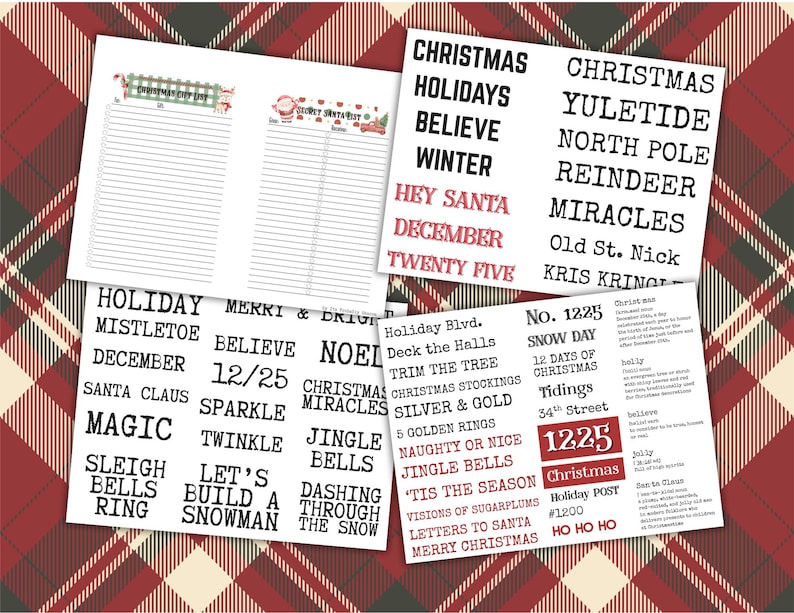 Puede incluir: Una colecci&oacute;n de papeles con tem&aacute;tica navide&ntilde;a, con palabras como "Navidad", "Vacaciones" y "Creer". El fondo presenta un patr&oacute;n de cuadros rojos y verdes, creando un ambiente festivo.