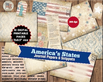 May include: Ten digital printable journal pages featuring American flag designs, patriotic text, and state names. The pages are 11 inches by 8.5 inches and 300 dpi.