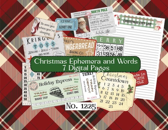 Christmas Junk Journal Ephemera | Santa's License, Train Tickets, BIG Words (Digital Download)