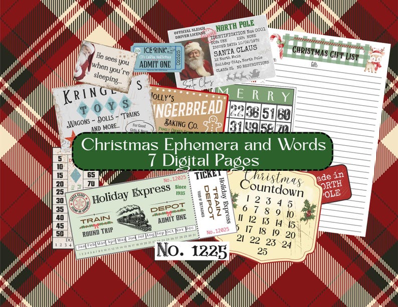Puede incluir: Una colecci&oacute;n de ef&iacute;meras navide&ntilde;as de estilo vintage sobre un fondo a cuadros. La imagen incluye boletos, etiquetas y una lista de regalos, con texto como "Christmas Countdown" y "Holiday Express". Tambi&eacute;n est&aacute; presente el texto "Christmas Ephemera and Words".