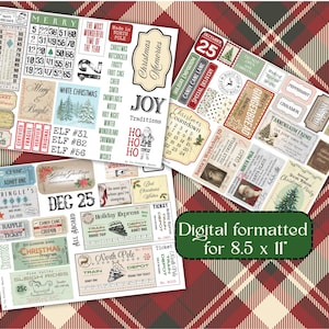 Puede incluir: Una colecci&oacute;n de pegatinas y etiquetas digitales con tem&aacute;tica navide&ntilde;a, con dise&ntilde;os y texto vintage. Las pegatinas incluyen frases como "Merry Christmas", "North Pole" y "Holiday Express". El fondo es un patr&oacute;n de cuadros rojos y verdes, con el texto "Digital formatted for 8.5 x 11".