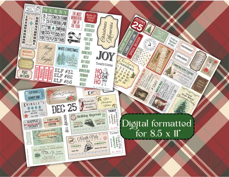 Puede incluir: Una colecci&oacute;n de pegatinas y etiquetas digitales con tem&aacute;tica navide&ntilde;a, con dise&ntilde;os y texto vintage. Las pegatinas incluyen frases como "Merry Christmas", "North Pole" y "Holiday Express". El fondo es un patr&oacute;n de cuadros rojos y verdes, con el texto "Digital formatted for 8.5 x 11".