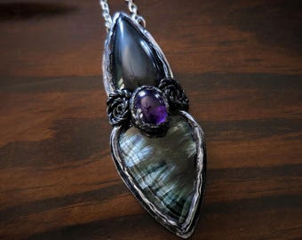 Rainbow Obsidian and Seraphinite Pendant with Amethyst - Handmade Spiral Necklace