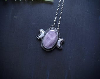 Kunzite Moon Phases Pendant - Handmade Celestial Necklace
