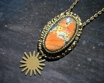 Bright Orange Labradorite Sun Necklace - Handmade Celestial Solar Pendant