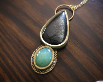 Gold Sheen Obsidian and Chrysoprase Necklace - Handmade Pendant