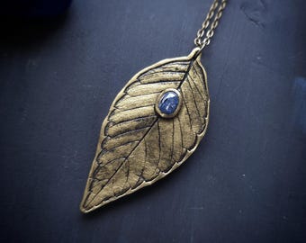 Blue Kyanite Leaf Pendant - Handmade Gold Tone Necklace