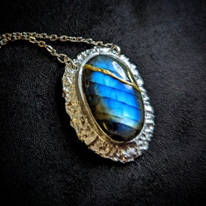 labradorite blue flash kintsugi repaired with gold broken stone necklace pendant talisman silver flashy