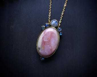 Pink Opal and Blue Flash Moonstone Pendant - Handmade Necklace