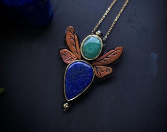 Chrysoprase and Lapis Lazuli Wing Pendant - Handmade Insect Wing Necklace