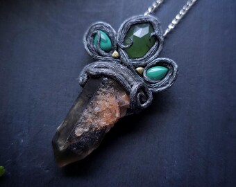 Smoky Quartz, Serpentine, and Malachite Roots Pendant - Handmade Dark Fairytale Necklace