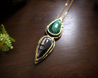 Malachite and Hypersthene Pendant - Dark Star Collection - Handmade Necklace