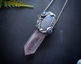 Rose Quartz Point, Angelite, and Moonstone Pendant - Handmade Necklace