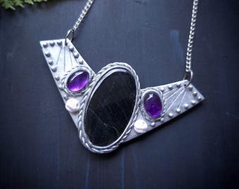 Hawk's Eye and Amethyst Skull Collar Style Necklace - Handmade Pendant