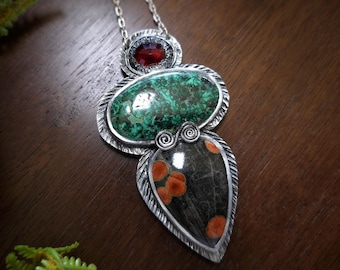 Malachite, Peanut Obsidian, and Garnet Pendant - Dark Star Collection - Handmade Necklace