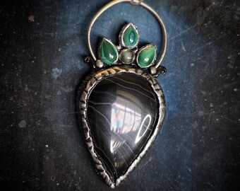 Black Onyx Necklace with Malachite and Labradorite - Handmade Pendant