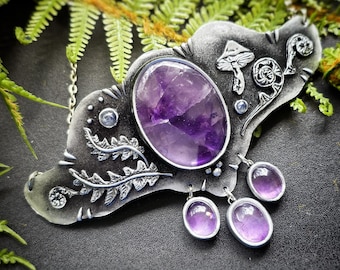 Twilight Forest Amethyst Collar Necklace - Handmade Trapiche Amethyst and Moonstone Mushroom and Fern Pendant