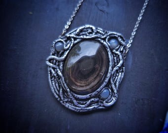 Copper Eye Obsidian and Moonstone Cyberpunk Necklace - Handmade Pendant