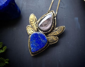 Lapis Lazuli and Hypersthene Wing Pendant - Handmade Insect Wing Necklace