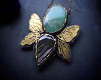 Chrysoprase and Hypersthene Butterfly Wing Pendant - Handmade Insect Wing Necklace