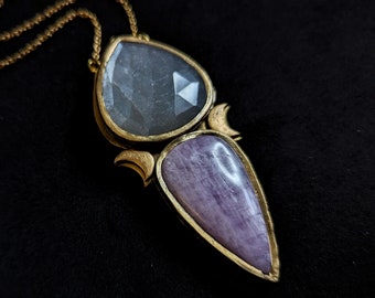 Celestial Moonstone and Kunzite Pendant - Handmade