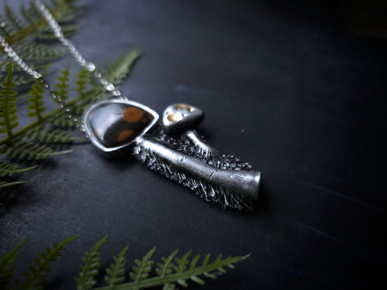mushroom peanut obsidian shaggy mush mushie mycology fungi nature mycologist jewelry necklace pendant handmade handcrafted sculpted clay woman owned