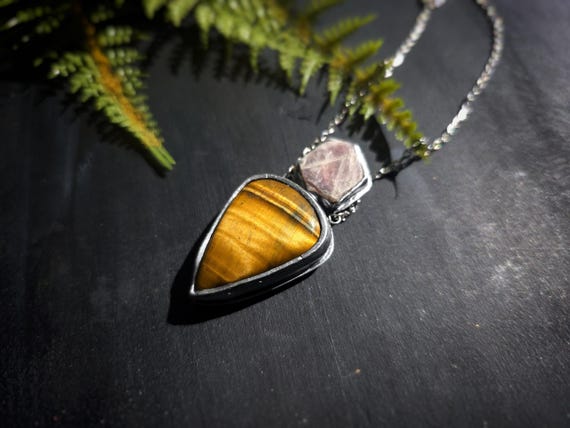 Tiger Eye and Ruby Corundum Pendant - Handmade Necklace - Record Keeper