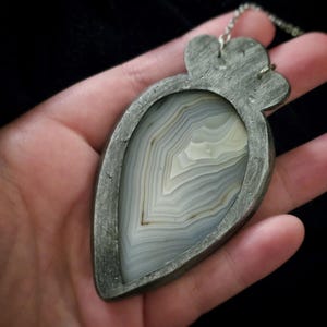 banded montana agate moonstone pendant handmade handcrafted statement piece necklace jewelry white blue translucent gorgeous window back open back open window