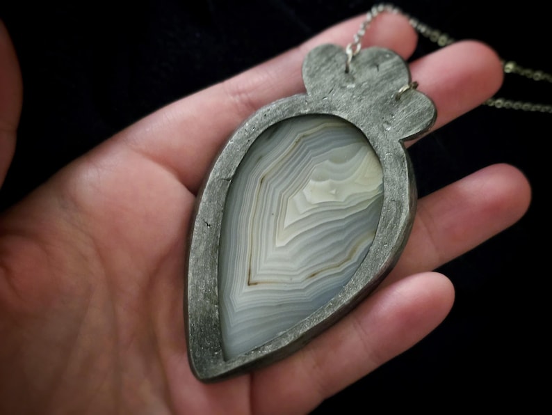 banded montana agate moonstone pendant handmade handcrafted statement piece necklace jewelry white blue translucent gorgeous window back open back open window