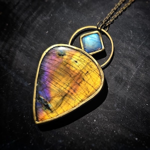 Yellow and Purple Labradorite Celestial Necklace - Handmade Labradorite/Moonstone Pendant