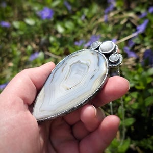 banded montana agate moonstone pendant handmade handcrafted statement piece necklace jewelry white blue translucent gorgeous