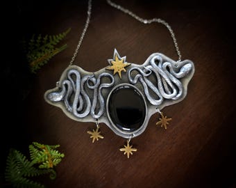 Onyx Celestial Snake Necklace - Dark Star Collection - Handmade Bib Style Collar