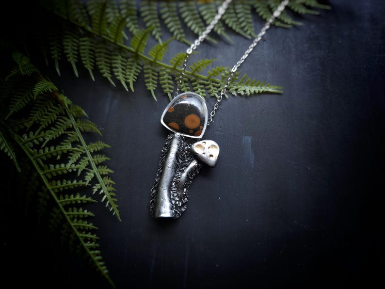 mushroom peanut obsidian shaggy mush mushie mycology fungi nature mycologist jewelry necklace pendant handmade handcrafted sculpted clay woman owned