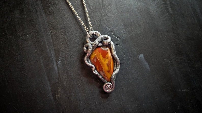 roots noreena jasper pendant celtic druid forest witch necklace jewelry red orange fall magic unique ecclectic eccentric spiral nature natural