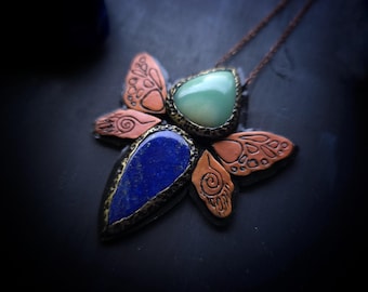 Chrysoprase and Lapis Lazuli Butterfly Wing Pendant - Handmade Insect Wing Necklace