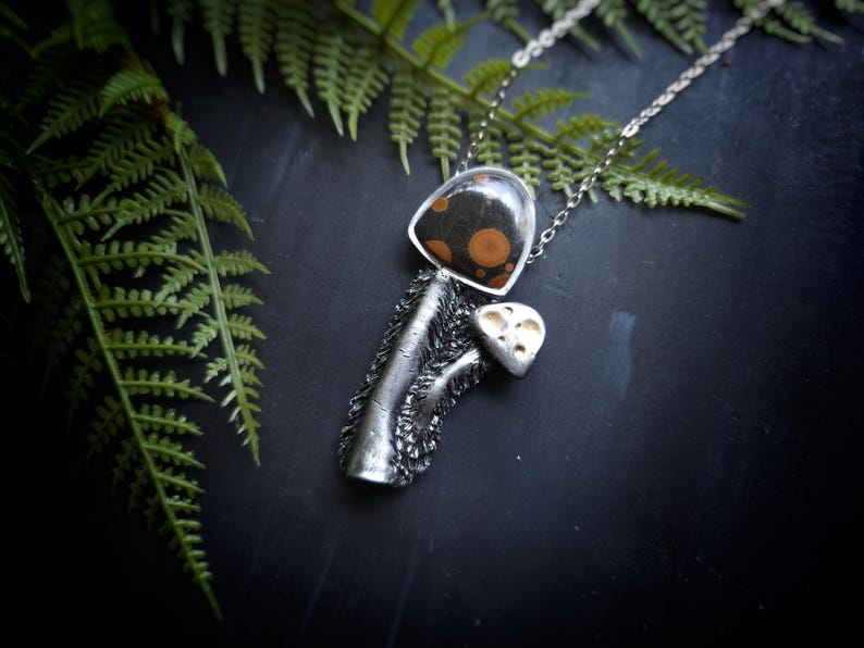 mushroom peanut obsidian shaggy mush mushie mycology fungi nature mycologist jewelry necklace pendant handmade handcrafted sculpted clay woman owned