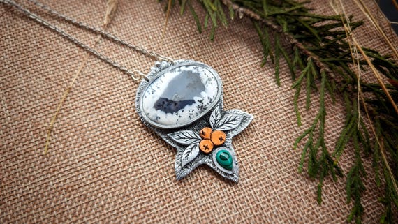 Dendritic Agate and Malachite Berry Necklace - Handmade Nature Pendant