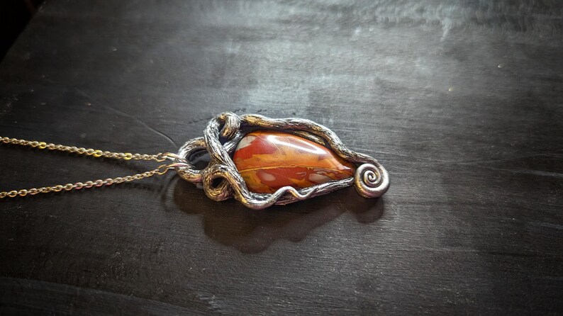 roots noreena jasper pendant celtic druid forest witch necklace jewelry red orange fall magic unique ecclectic eccentric spiral nature natural