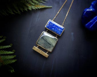 Lapis Lazuli and Prehnite Egyptian Style Pendant - Handmade Necklace