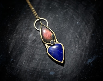 Purple Labradorite and Lapis Lazuli Moon Necklace - Handmade Celestial Pendant