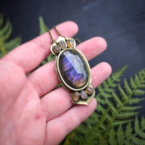 purple labradorite flashy peach moonstone pink sunstone morocco moroccan enchantress dnd cosplay costume ren faire jewelry necklace pendant talisman handmade handcrafted gold