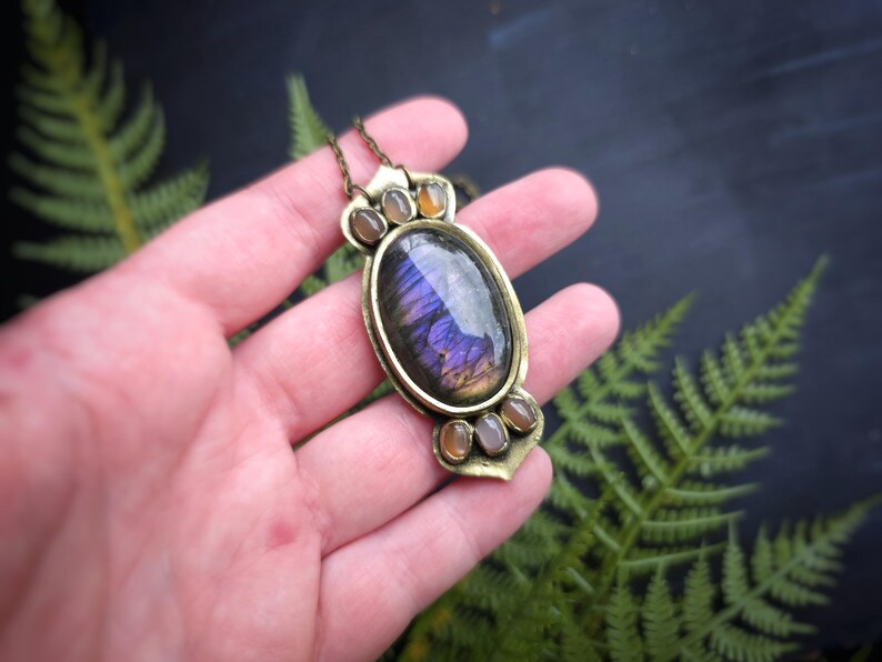 purple labradorite flashy peach moonstone pink sunstone morocco moroccan enchantress dnd cosplay costume ren faire jewelry necklace pendant talisman handmade handcrafted gold