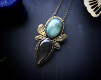 Hypersthene and Chrysoprase Butterfly Wing Pendant - Handmade Insect Wing Necklace