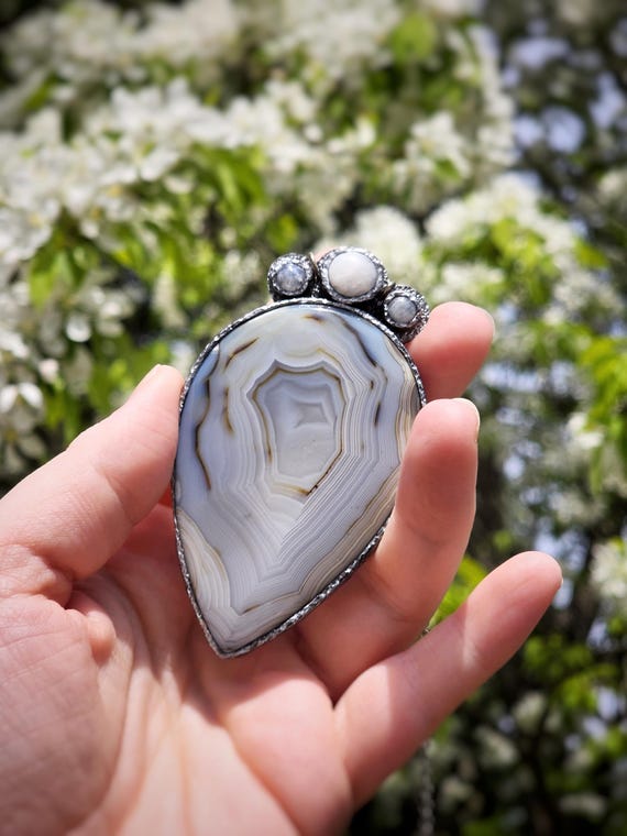 Montana Agate and Moonstone Statement Pendant - Handmade Necklace