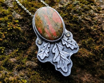 Unakite & Prehnite Oak Leaf Pendant - Handmade Polymer Clay Necklace