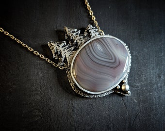 Fox in the Forest Botswana Agate Handmade Necklace - Gemstone Pendant - Forestcore - Winter