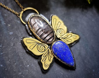Hypersthene and Lapis Lazuli Butterfly Wing Pendant - Handmade Insect Wing Necklace