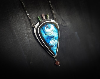 Blue Labradorite and Tourmaline Pendant - Handmade